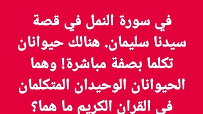في سورة النمل في قصة سيدنا سليمان. هنالك حيوانان تكلما بصفة مباشرة! وهما الحيوانان الوحيدان المتكلمان في القران الكريم ما هما؟